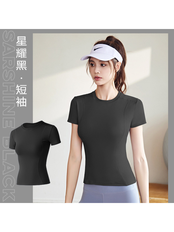 春秋薄款运动紧身短袖女瑜伽服上衣女东南亚跑步健身T恤