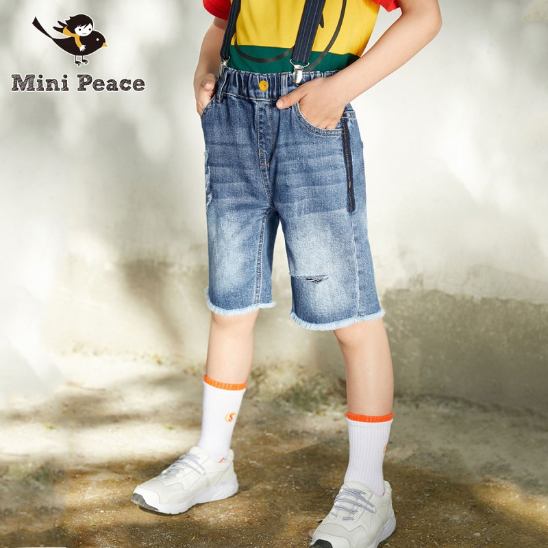 minipeace太平鸟童装男童针织牛仔短裤破洞毛边儿童裤子五分裤夏