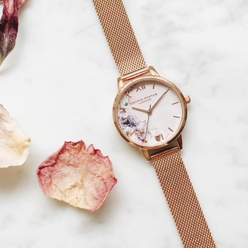 oliviaburton腕表圆形优雅气质水彩画表盘ob16pp39玫瑰金石英表女