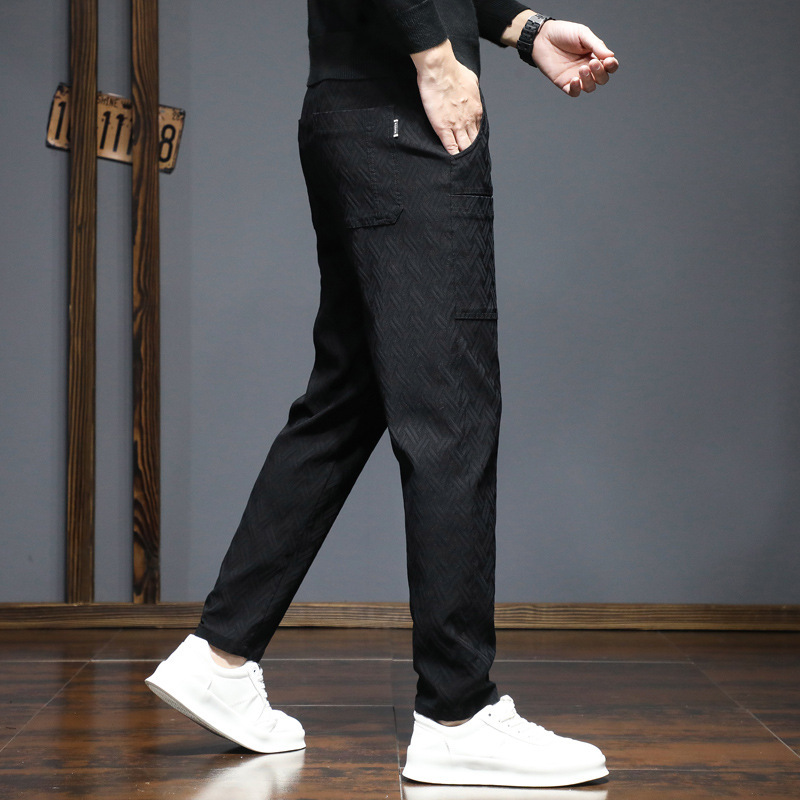 2023秋季新款六袋提花休闲裤男弹力修身直筒六兜裤子男士长裤