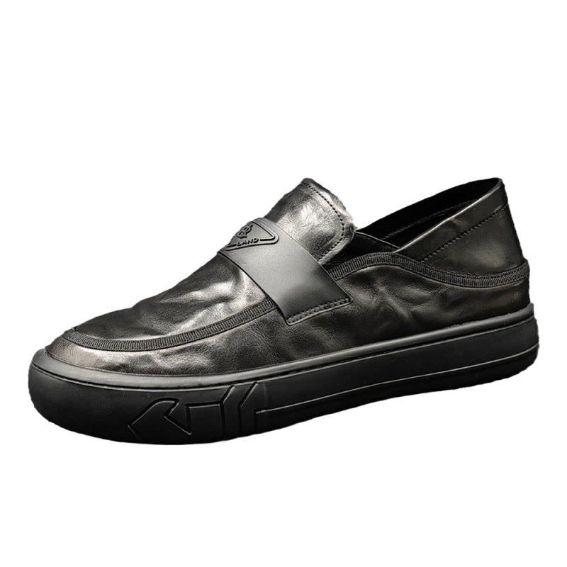 男士黑色头层牛皮休闲鞋潮流百搭欧洲站男鞋一脚蹬豆豆鞋真皮潮鞋图片