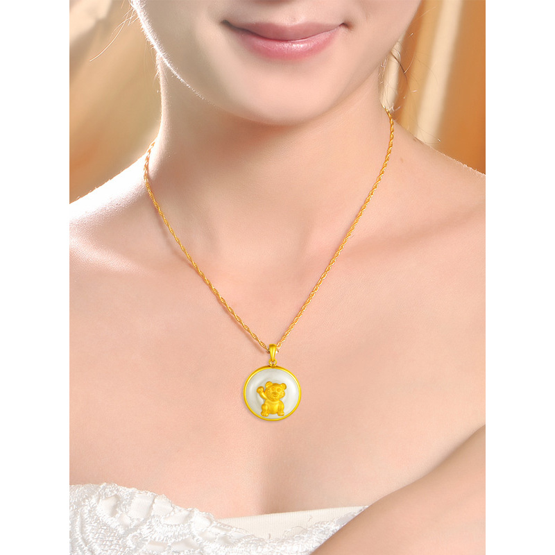 珠宝王国zbwg足金和田玉黄金999生肖虎吊坠女款金镶玉新款足金999平安