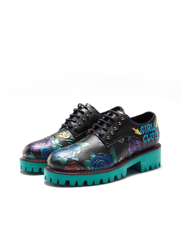 WIJI2017新款时尚真皮女鞋韩版潮流浅口粗跟系带休闲鞋个性单鞋潮