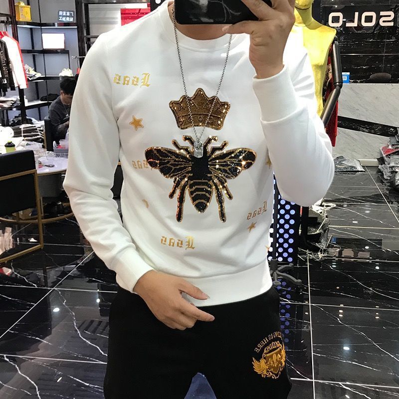 男士2021春秋新款潮流蜜蜂皇冠修身圆领套头ins休闲长袖卫衣男潮