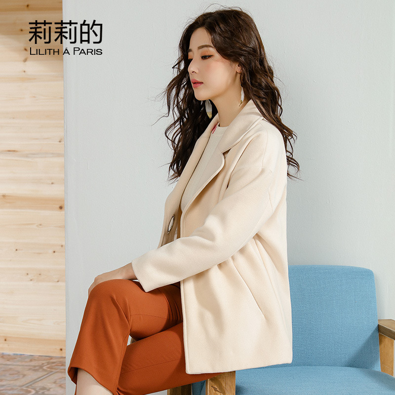 莉莉的 2018秋冬季毛呢外套女短款西装领韩版加厚系带宽松大码外套