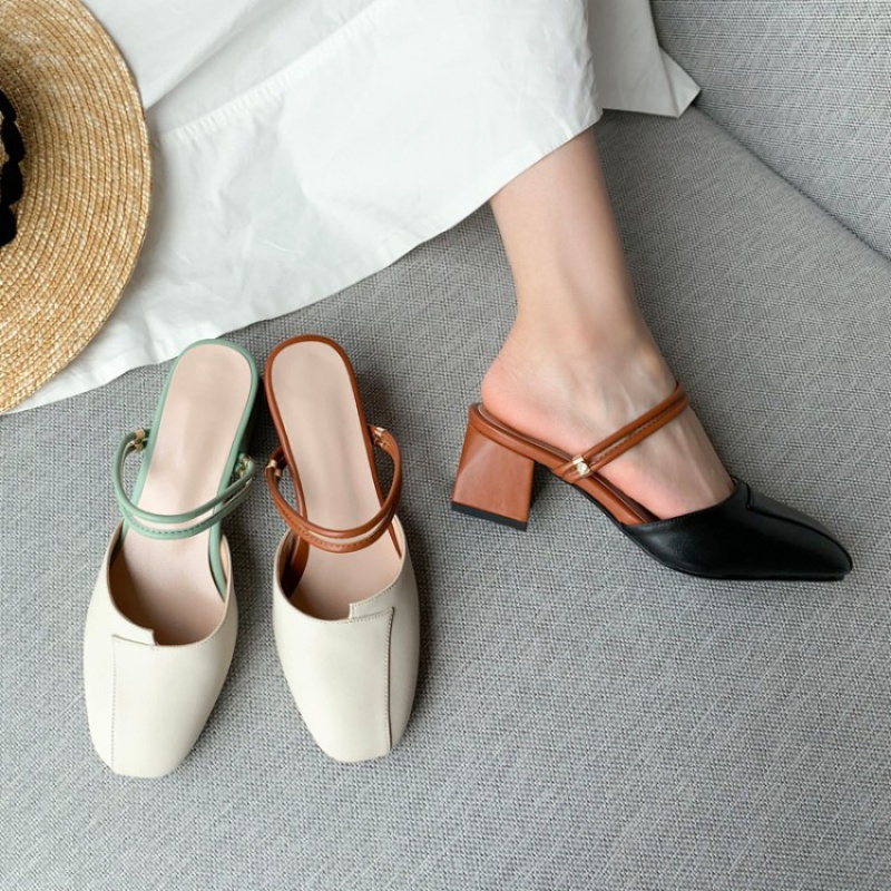 tiauny半包头凉鞋女粗跟高跟鞋女鞋女凉拖鞋h754视频