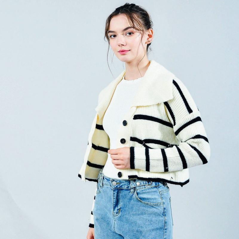 拉夏贝尔7m莫丽菲尔2020秋季翻领撞色条纹针织开衫女宽松9047m0135