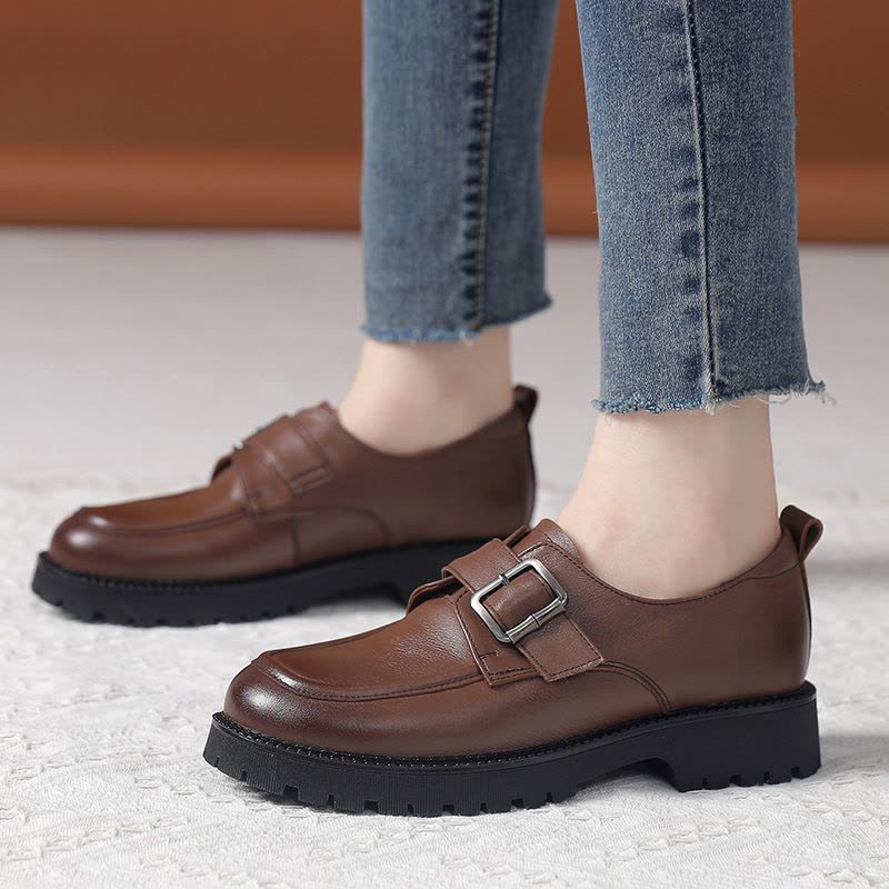 真皮英伦风小皮鞋女2025春新款厚底软底小码复古百搭皮带扣乐福鞋图片