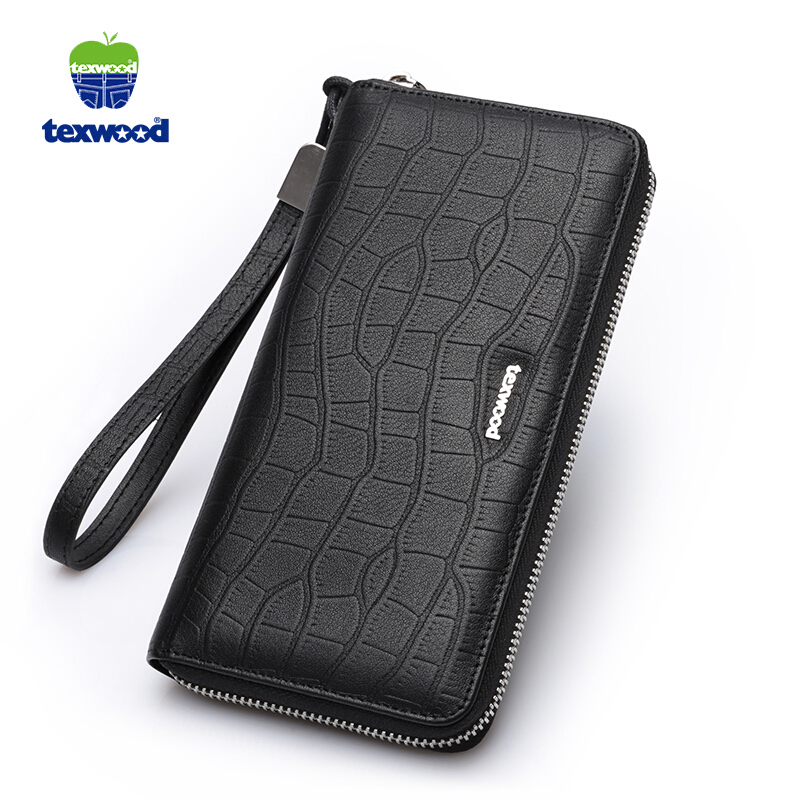 texwood 萍果牌钱包男长款休闲男士拉链钱夹时尚个性复古真皮钱包