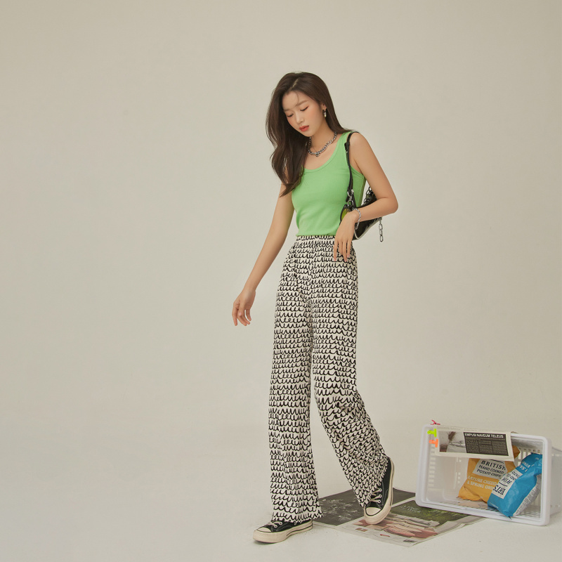 OtherMix肌理坑条印花休闲裤女2021年夏季新款高腰薄款阔腿裤子潮