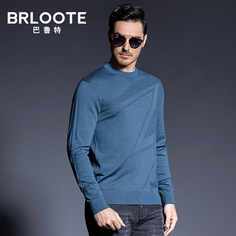 Brloote/巴鲁特纯羊毛衫男 秋冬新款男士时尚休闲圆领套头提花针织衫