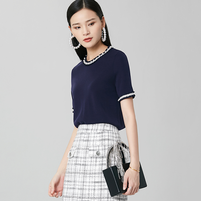 晚白2020秋冬新品名媛淑女圆领短袖休闲纯色内搭打底衫针织衫女