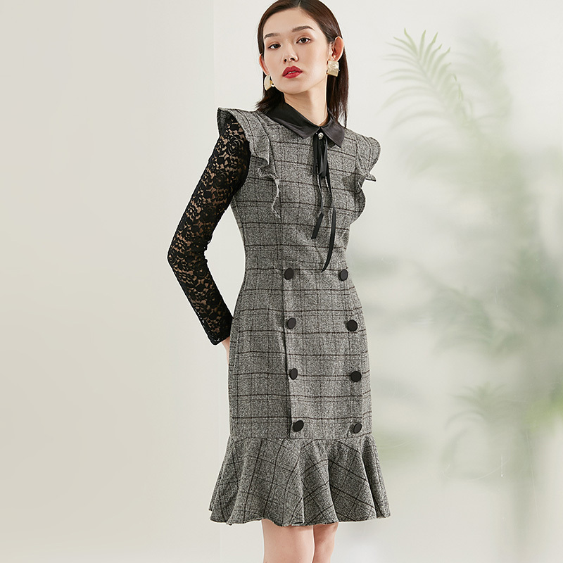 晚白2020秋冬新品名媛淑女修身显瘦格子蕾丝裙鱼尾打底裙连衣裙女