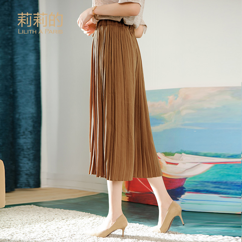 莉莉的 阔腿裤女装 夏季新款高腰系带雪纺裤宽松百褶七分裤女