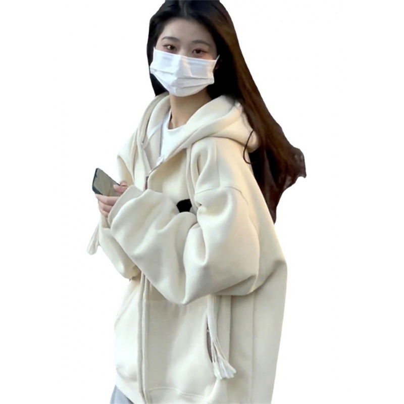 奶杏色卫衣女秋季新款宽松上衣拉链开衫连帽薄款外套女ins潮