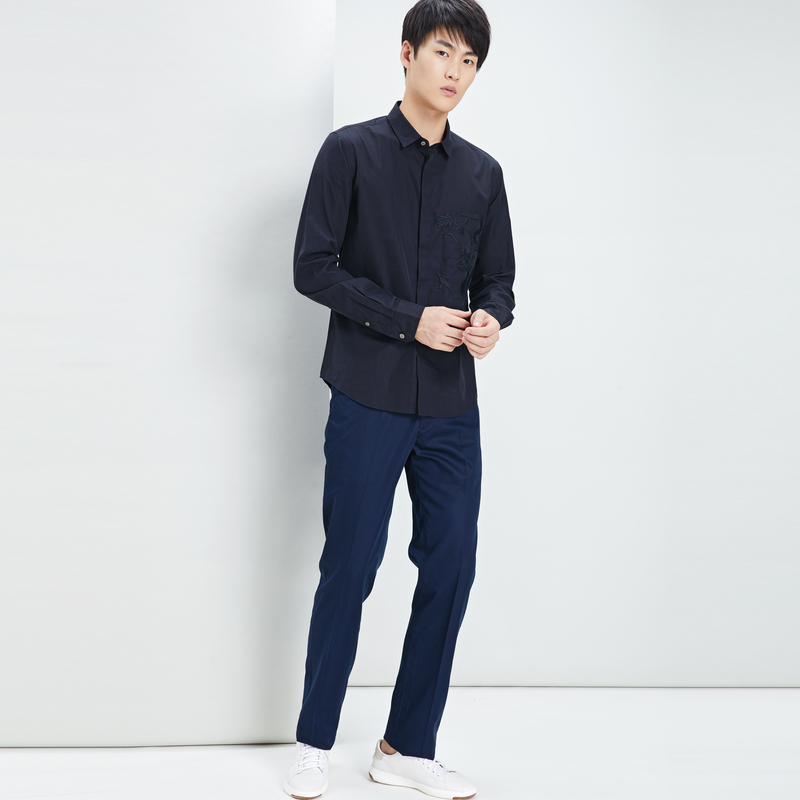鄂尔多斯ERDOS 春夏纯棉刺绣舒适时尚休闲男士长袖衬衫