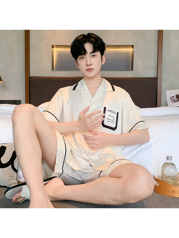 夏季睡衣男士冰雪丝开衫短袖韩版休闲宽松加大码青少年家居服套装