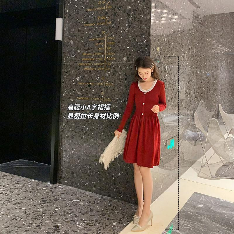 【年会系列】OtherMix红色法式针织连衣裙女2021年春新款裙子初春