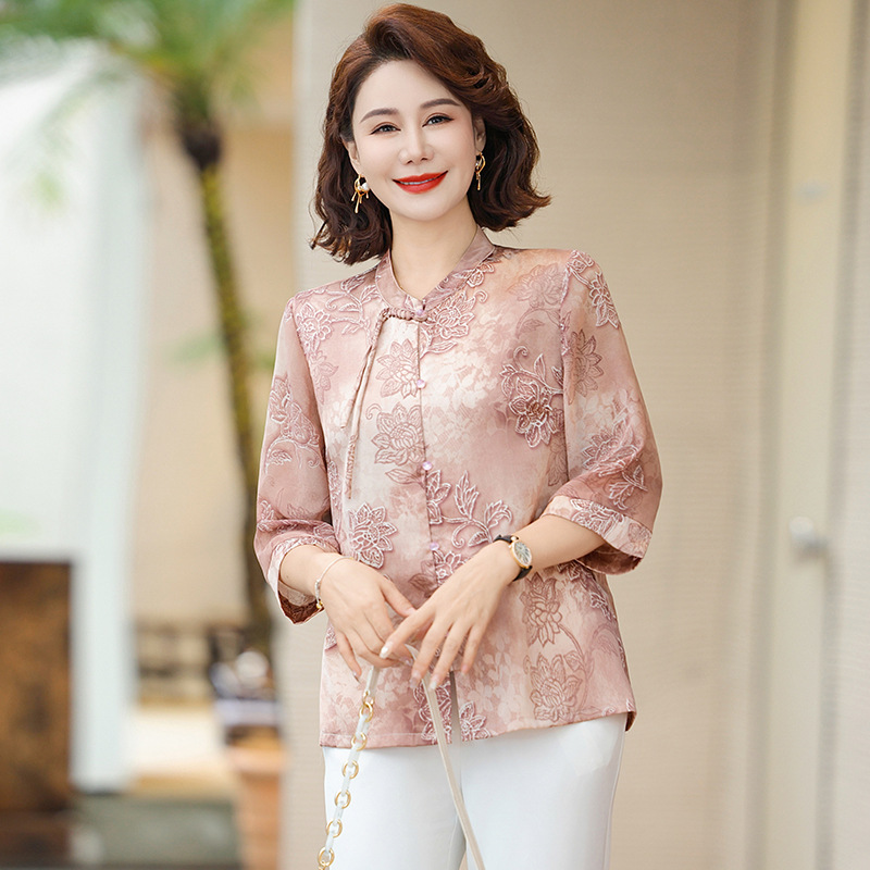 薄款妈妈夏装时尚中袖上衣女中年装大码休闲小衫国风服装中老年女