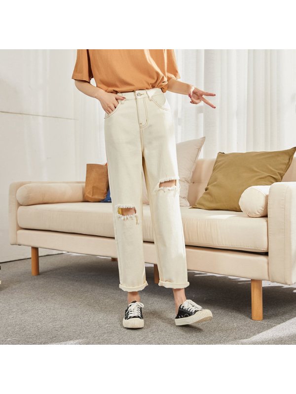 唐狮2019秋高腰休闲白色牛仔裤cec裤子女显瘦直筒宽松阔腿破洞