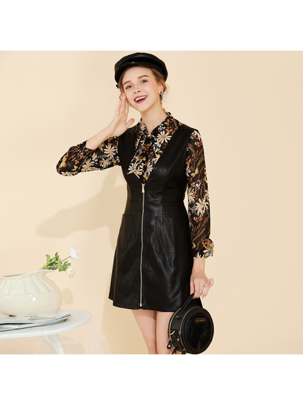 美丽衣橱气质套装女2019春装新款印花长袖衬衫收腰性感PU背带裙