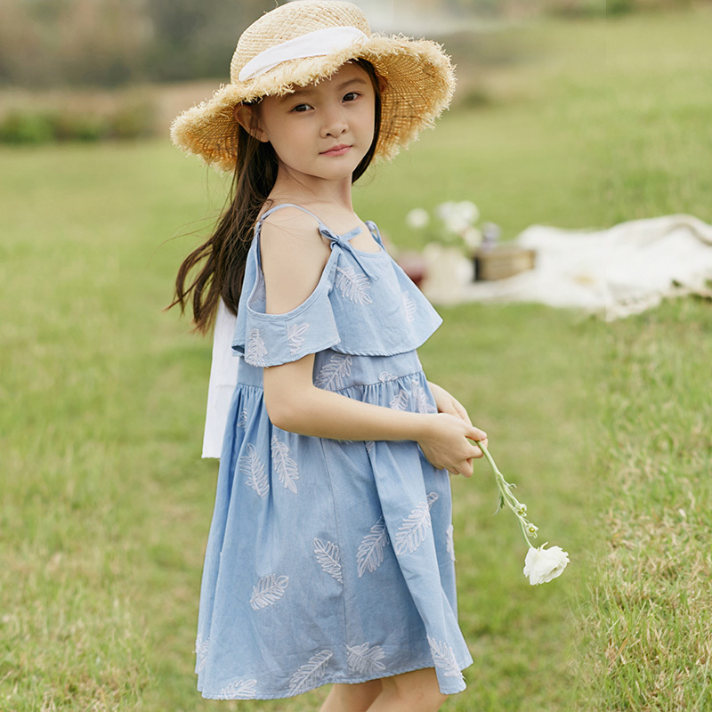茵曼童装女童夏装牛仔连衣裙落肩袖洋气蝴蝶结女孩裙子