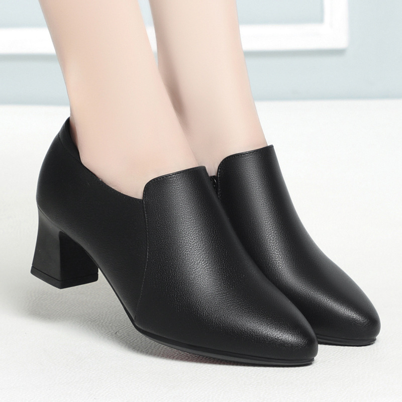 深口单鞋女软底软面秋季工作鞋女中跟酒店黑色系带皮鞋粗跟工装