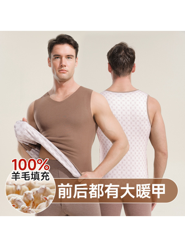 男士全羊毛贴片背心男款痕打底内穿秋冬护背保暖背心女大码上衣