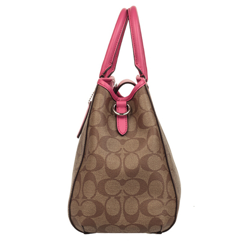 COACH 蔻驰 奢侈品 女士卡其配粉边PVC单肩手提包