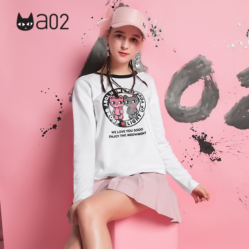a02新款时尚卡通印花露肩长袖T恤女潮DTU5A0941KT