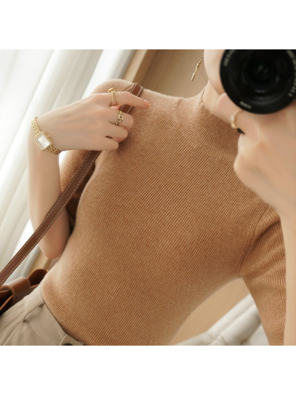 简约气质中袖上衣女修身半高领针织短袖中领半袖黑色五分袖打底衫