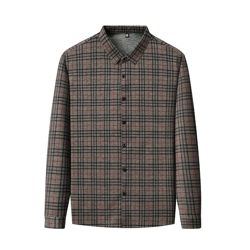 长袖衬衫春秋季开衫中年爸爸装商务休闲免烫格子衬衣服男图片