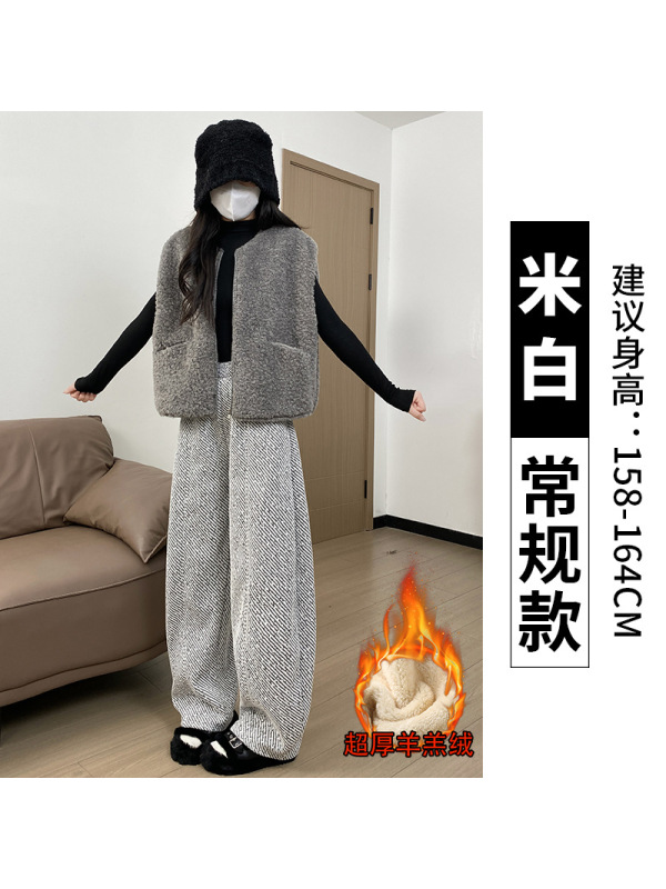 灰色毛呢裤女秋冬季加绒灯芯绒直筒小个子加厚羊羔绒阔腿裤子