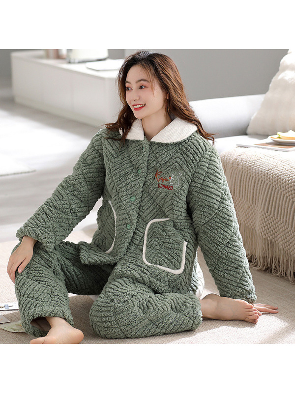 女士三层加厚珊瑚绒夹棉睡衣秋冬季法兰牛奶绒保暖棉袄家居服套装