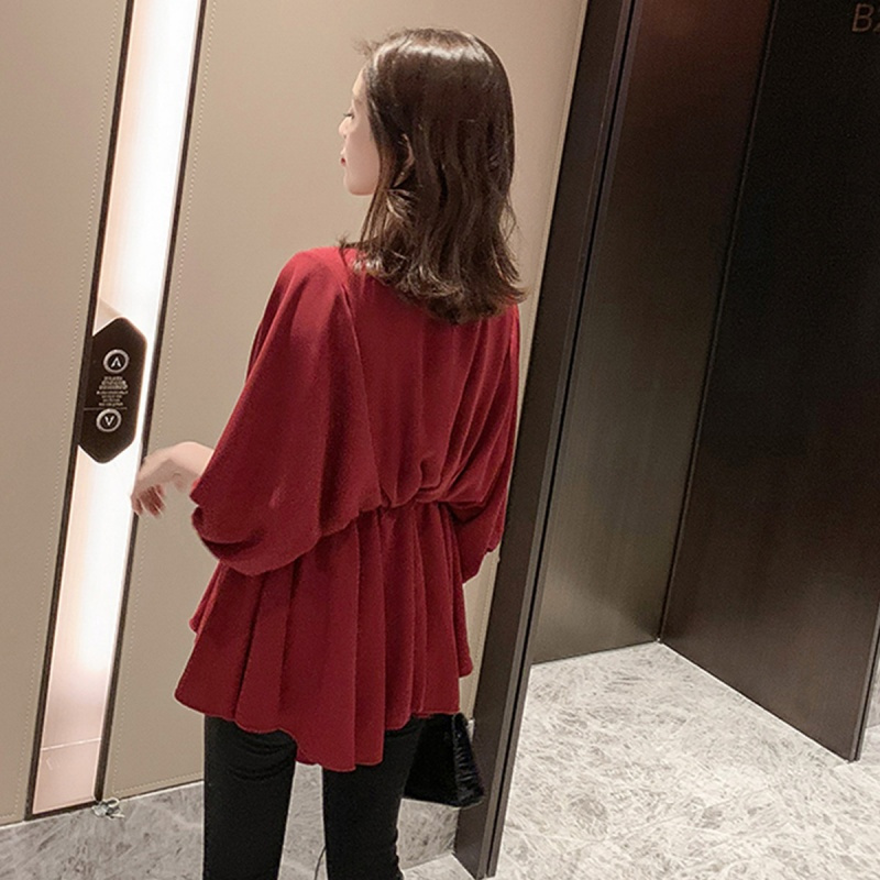 2019春衬衣女设计感韩版宽松V领套头蝙蝠袖雪纺衬衣