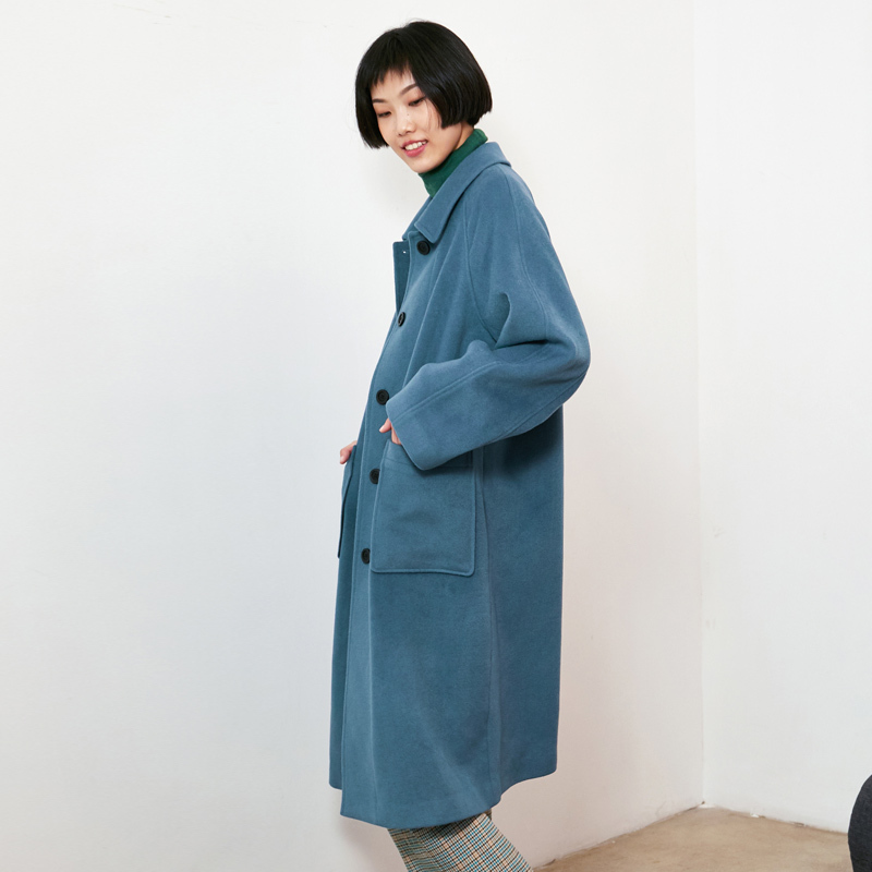 森宿Y纯色翻领毛呢大衣女冬装2018新款ins宽松加厚中长款呢子外套