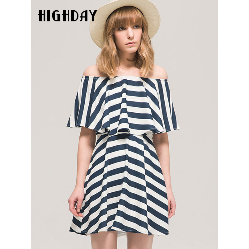highday轩日荷叶边条纹一字肩露肩连衣裙