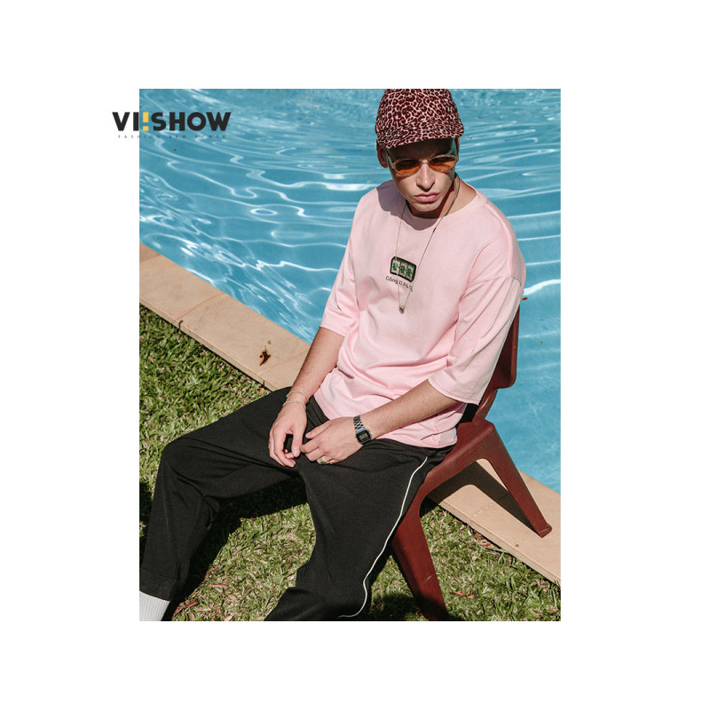 viishow夏季短袖T恤粉色圆领潮牌半袖上衣青年街头打底5