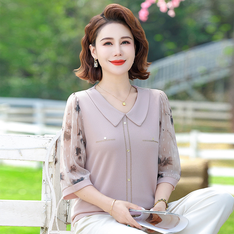 新款妈妈夏装中袖套装上衣洋气中年女装夏季七分袖t恤 阔腿裤