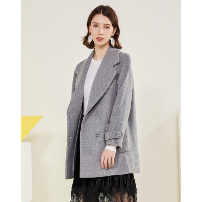 拉夏贝尔 呢子大衣女秋冬季新款韩版宽松外衣西装领中长毛呢外套30084115