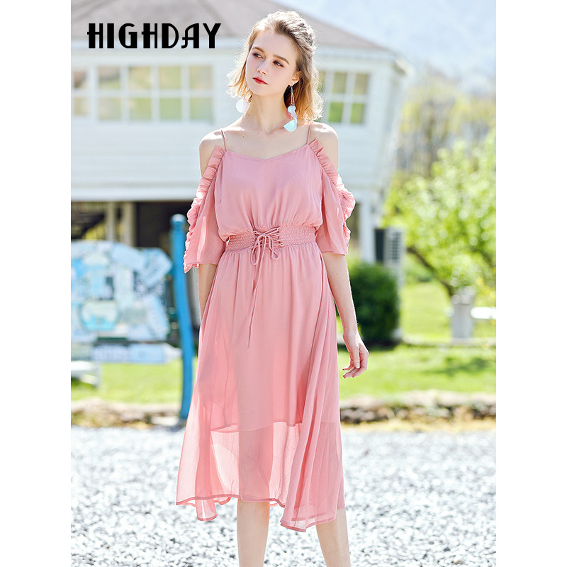 highday轩日18夏季休闲露肩性感女裙收腰束腰中长款连衣裙仙女裙
