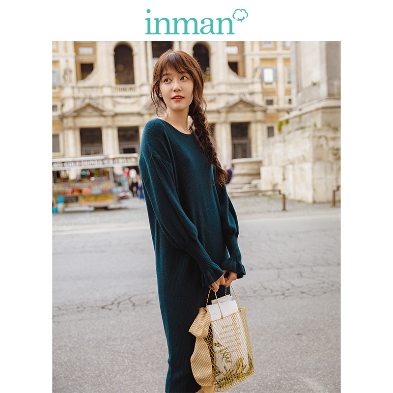 茵曼2018秋装新款复古优雅羊腿袖宽松直筒针织裙女毛衣连衣裙修身