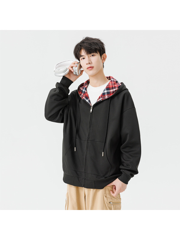 美式格子开衫卫衣男春秋季新款宽松连帽上衣情侣潮牌衣服拉链外套