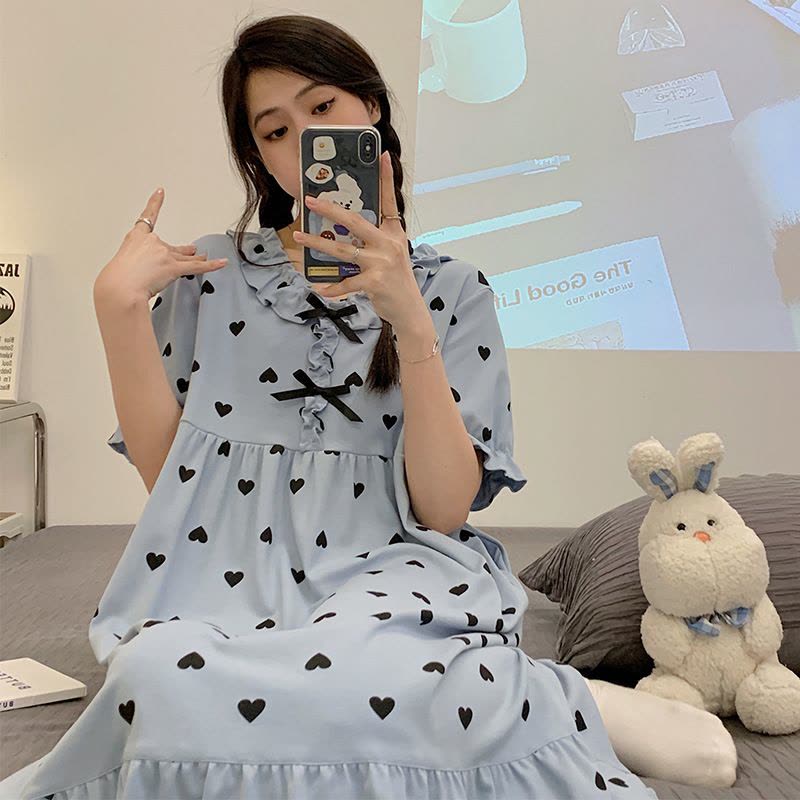 睡裙夏季女棉质短袖可爱卡通网红睡衣女夏天宽松女士春夏款家居服图片