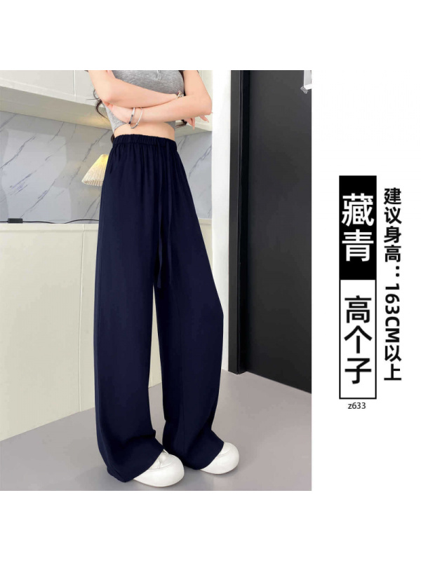 藏青棉麻阔腿裤女新款夏季薄款慵懒宽松垂感直筒休闲亚麻长裤