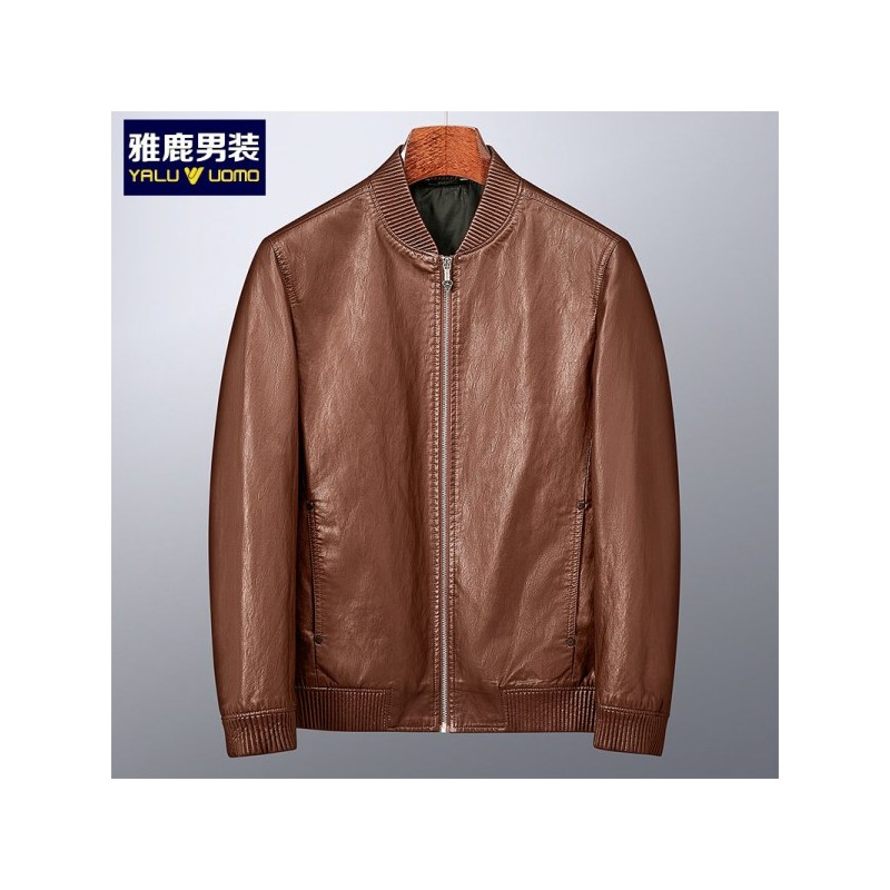 雅鹿男装新品休闲棒球领皮夹克外套男士皮衣1103PA01819
