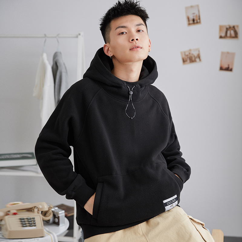 唐狮2019春季新款卫衣男港风连帽黑色宽松学生摇粒绒加绒套头潮牌