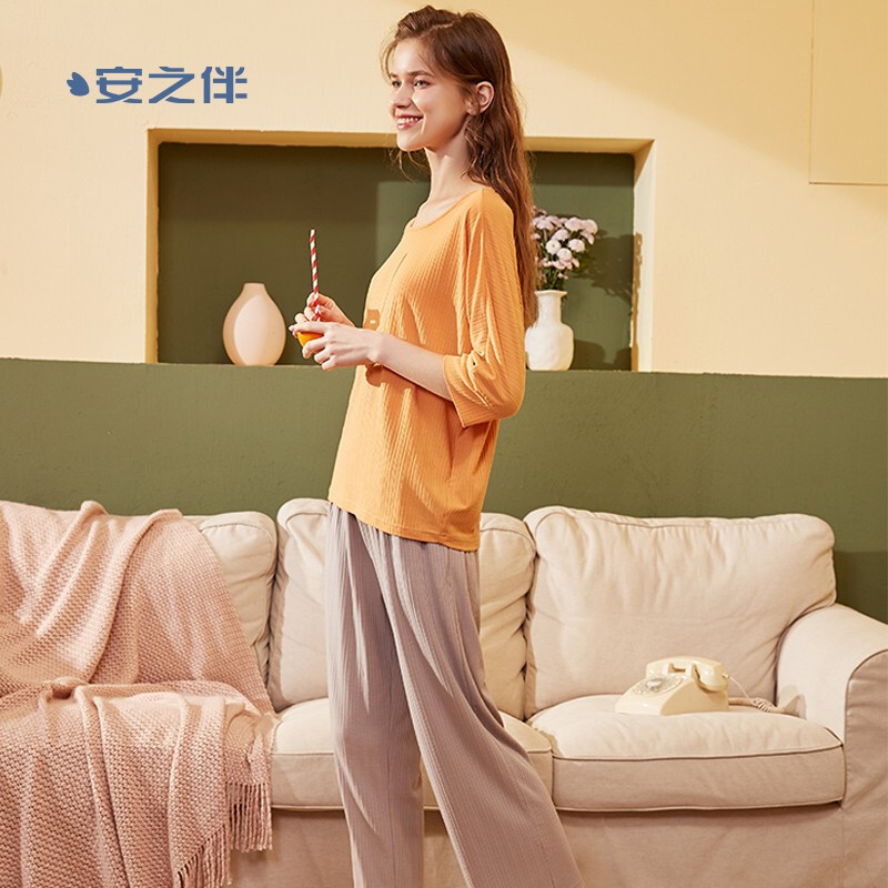 安之伴睡衣女圆领多色过肩袖套装针织提条素色七分袖可外穿女士家居服 深杏 S