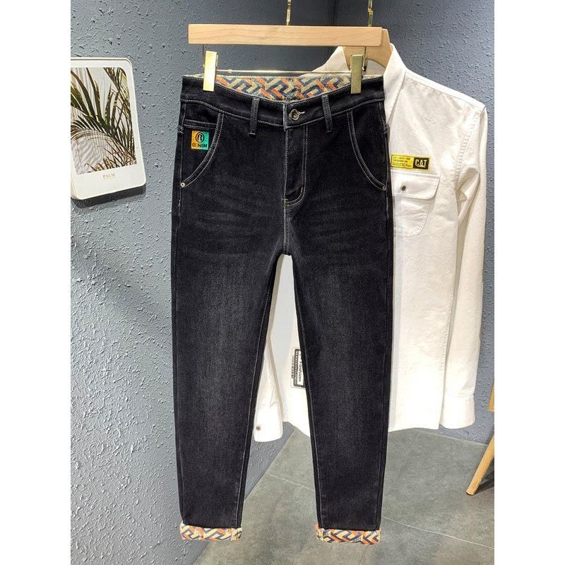 加绒彩底棉欧货牛仔裤男款冬季新款弹力长裤男刺绣舒适百搭直筒裤图片