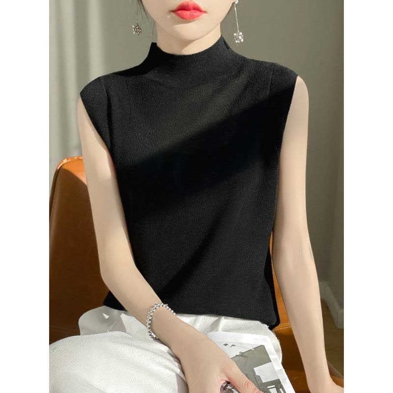 春夏季新款网纱拼接背心打底衫女半高领薄款羊毛镂空无袖针织T恤图片